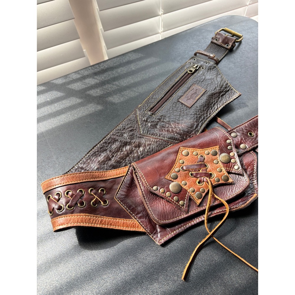 Hipstirr Utility Belt Bag Women Brown Excellent Leather Festival Star Lace-Up